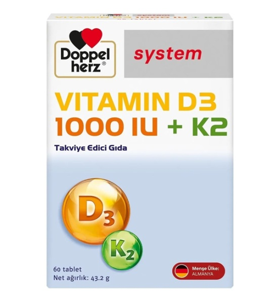 قرص ویتامین D3 1000 IU + K2 داپل هرتس – بسته ۶۰ عددی